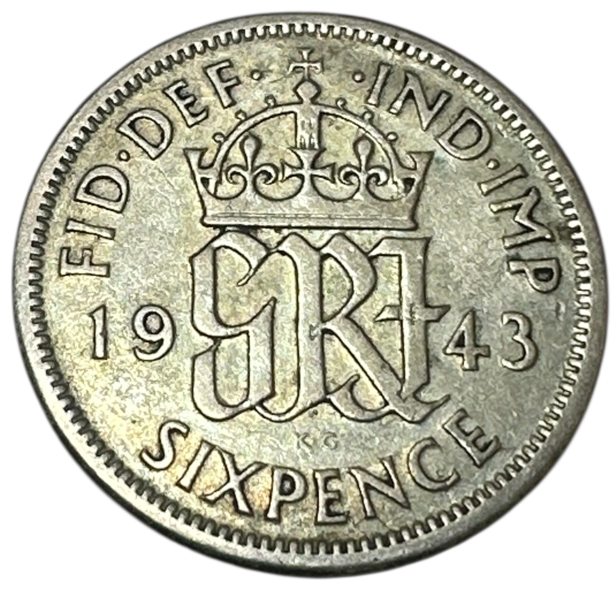 1943 King George VI Silver Sixpence Coin (6d) Crowned GRI Cypher Reverse London Mint