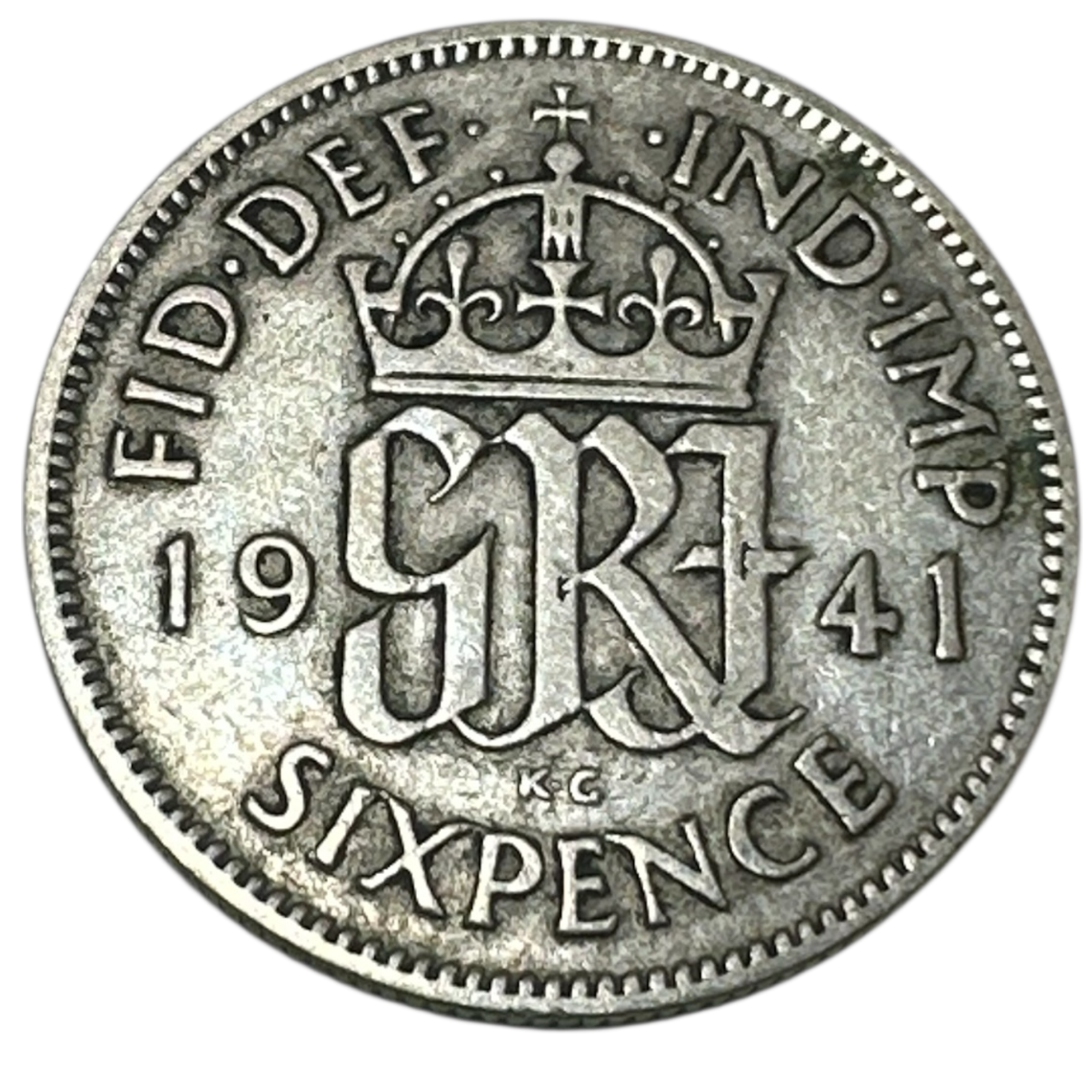 1941 King George VI Silver Sixpence Coin (6d) Crowned GRI Cypher Reverse London Mint