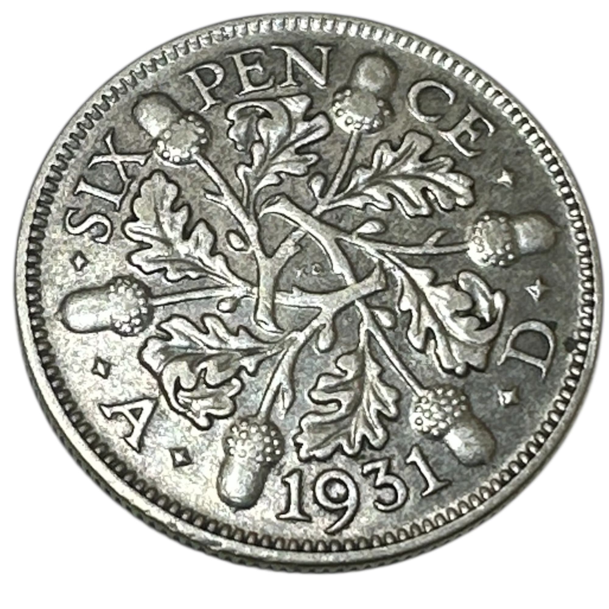 1931 King George V Silver Sixpence Coin (6d) Oak (Acorn) Reverse London Mint