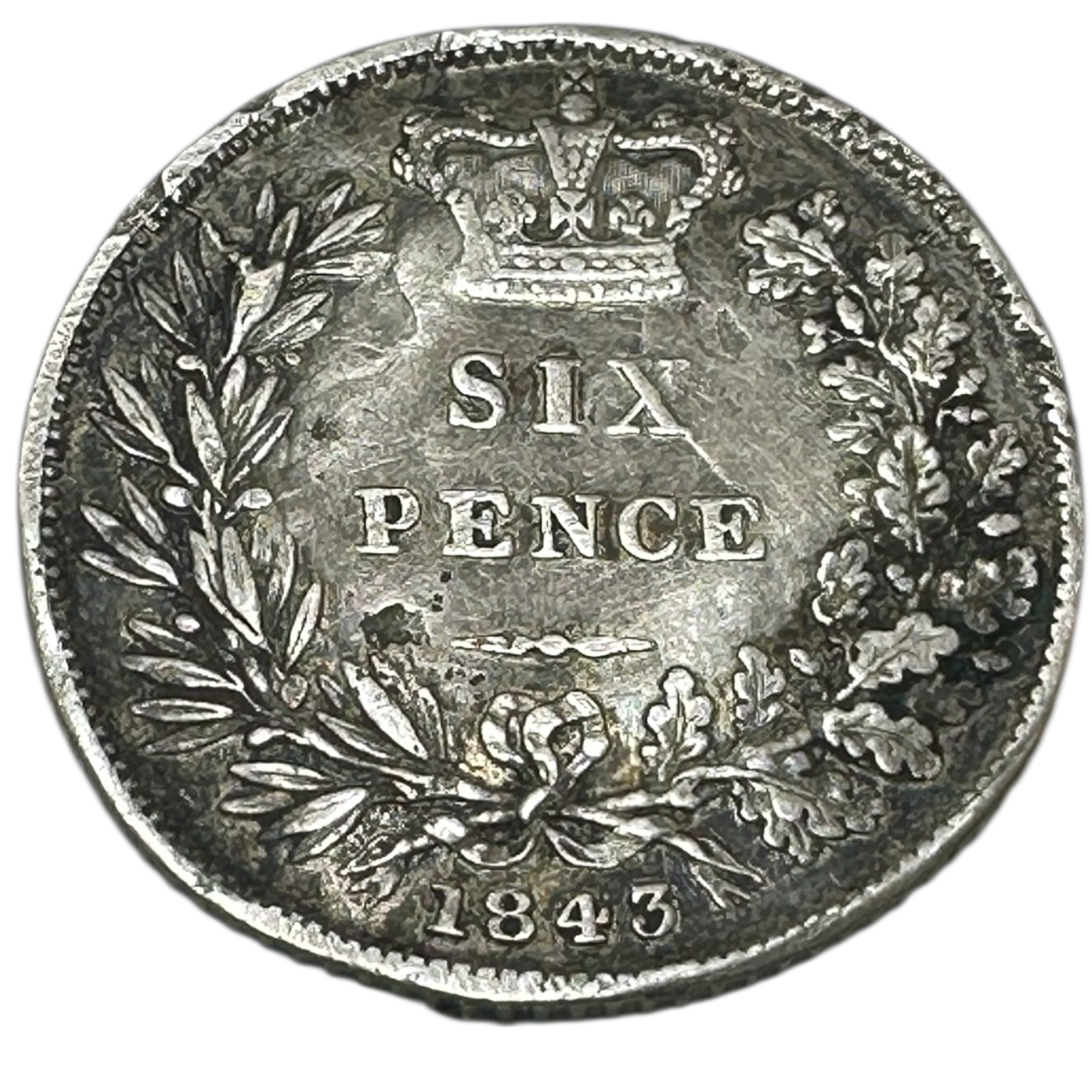 1843 Queen Victoria Silver Sixpence Coin (6d) Young Head Wreath Reverse London Mint Circulated