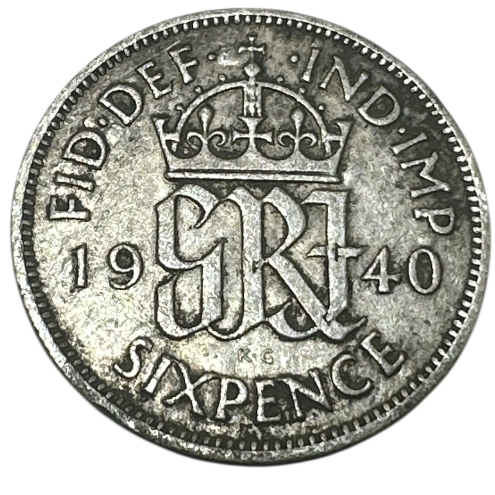 1940 King George VI Silver Sixpence Coin (6d) Crowned GRI Cypher Reverse London Mint