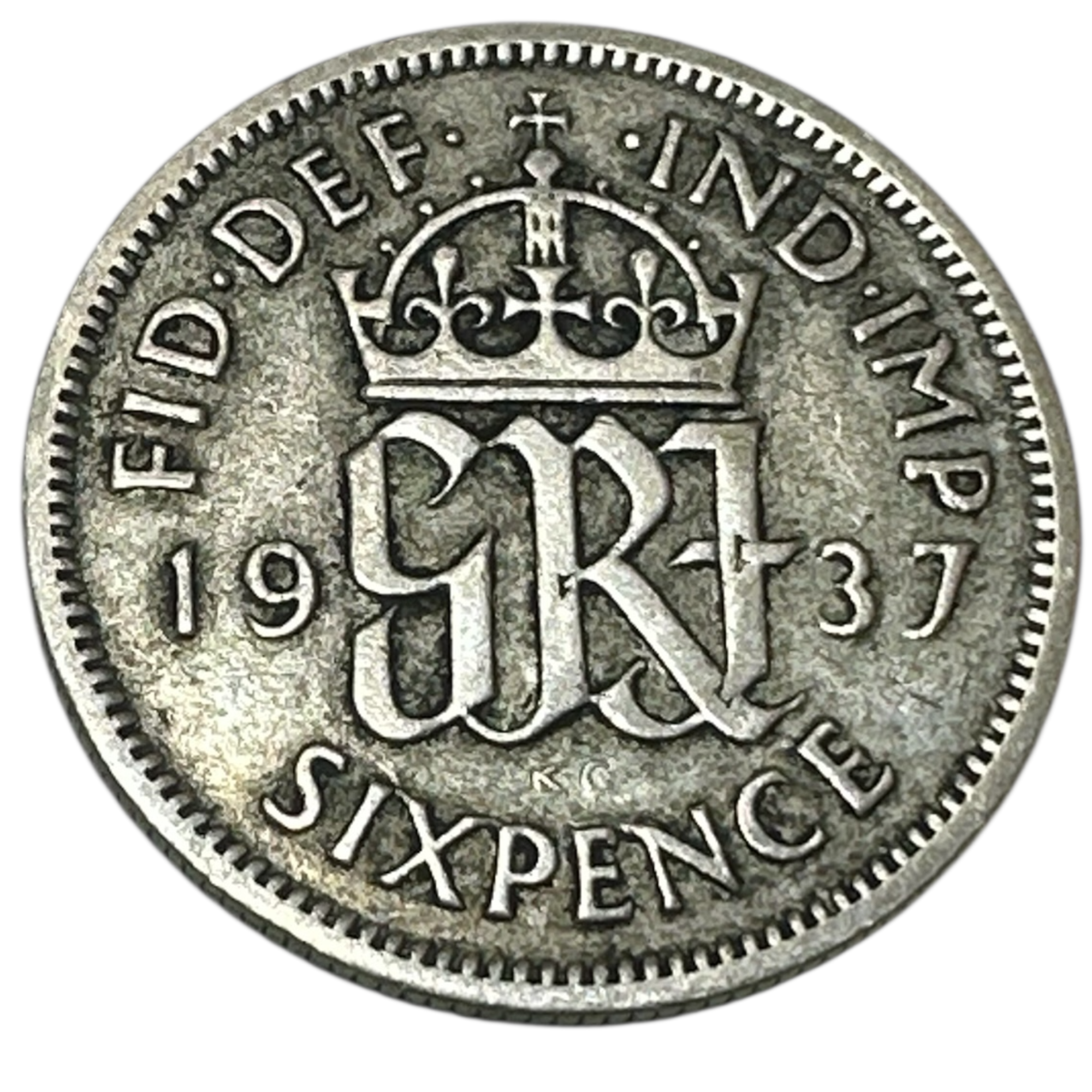 1937 King George VI Silver Sixpence Coin (6d) Crowned GRI Cypher Reverse London Mint