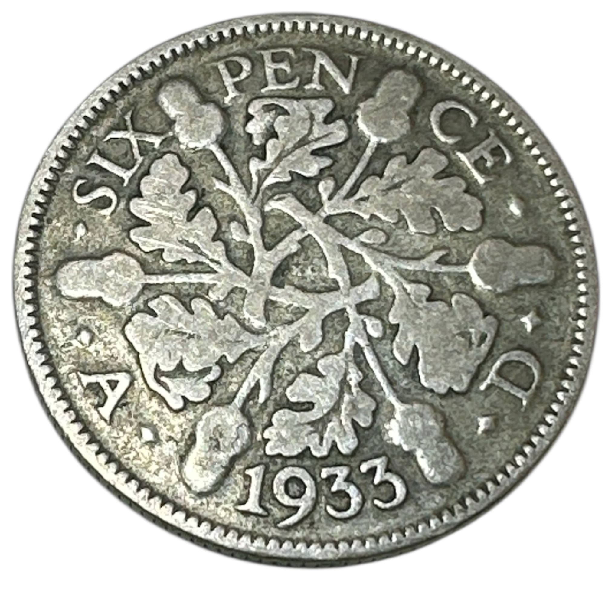 1933 King George V Silver Sixpence Coin (6d) Oak (Acorn) Reverse London Mint