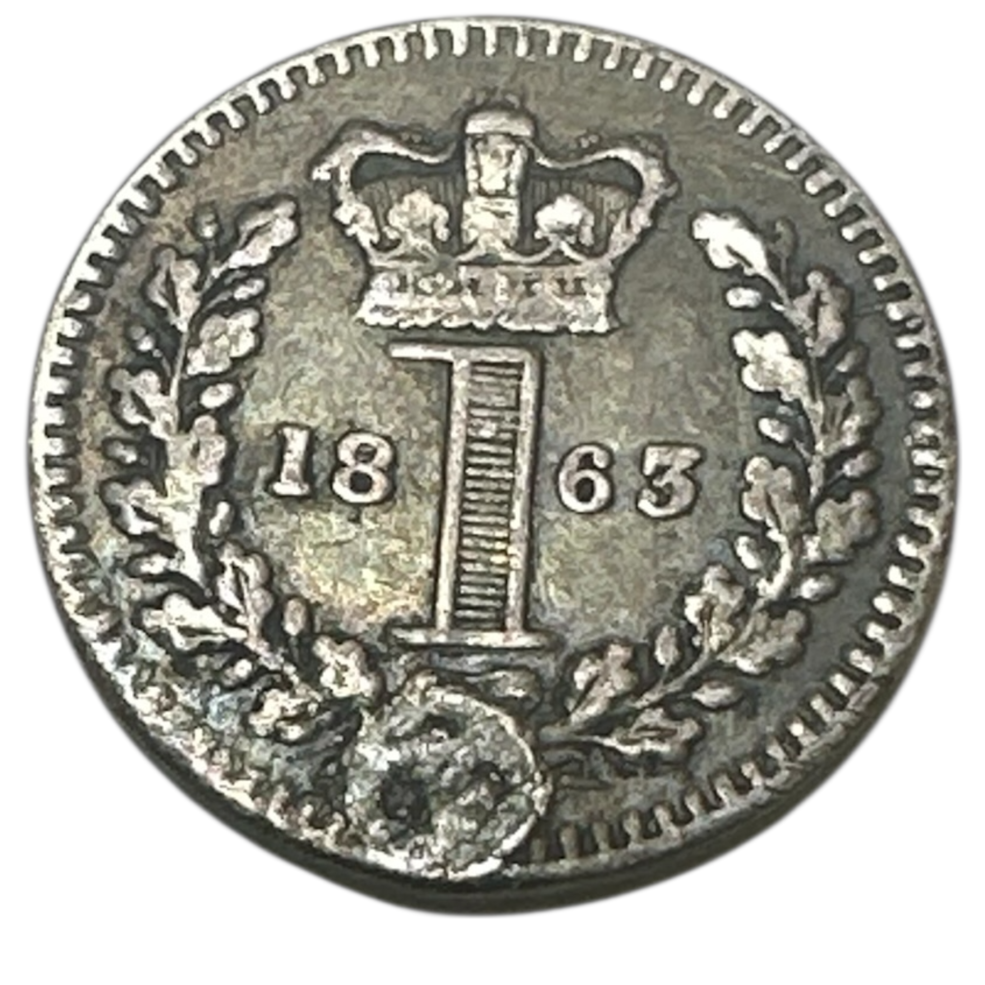 1863 Queen Victoria Silver Maundy One Penny Coin (1d) Young Head Maundy Issue London Mint