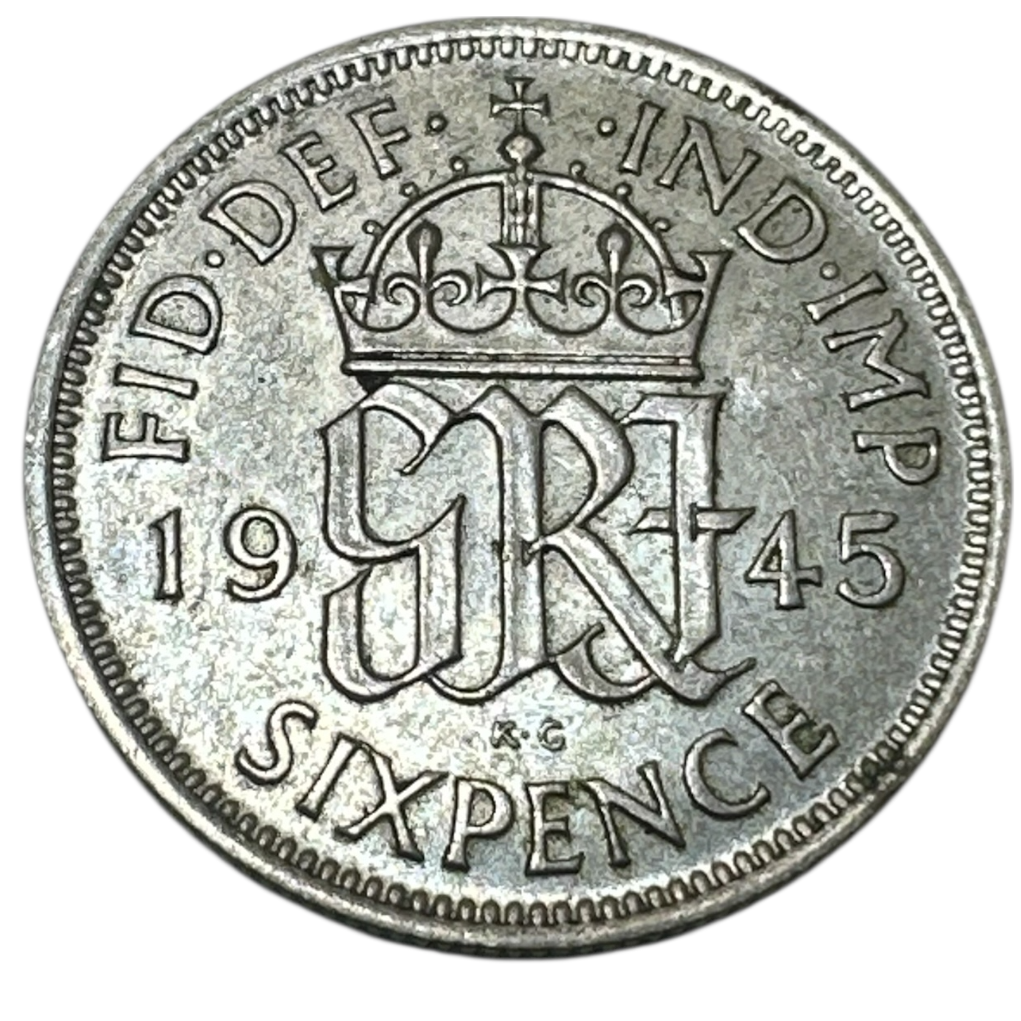 1945 King George VI Silver Sixpence Coin (6d) Crowned GRI Cypher Reverse London Mint