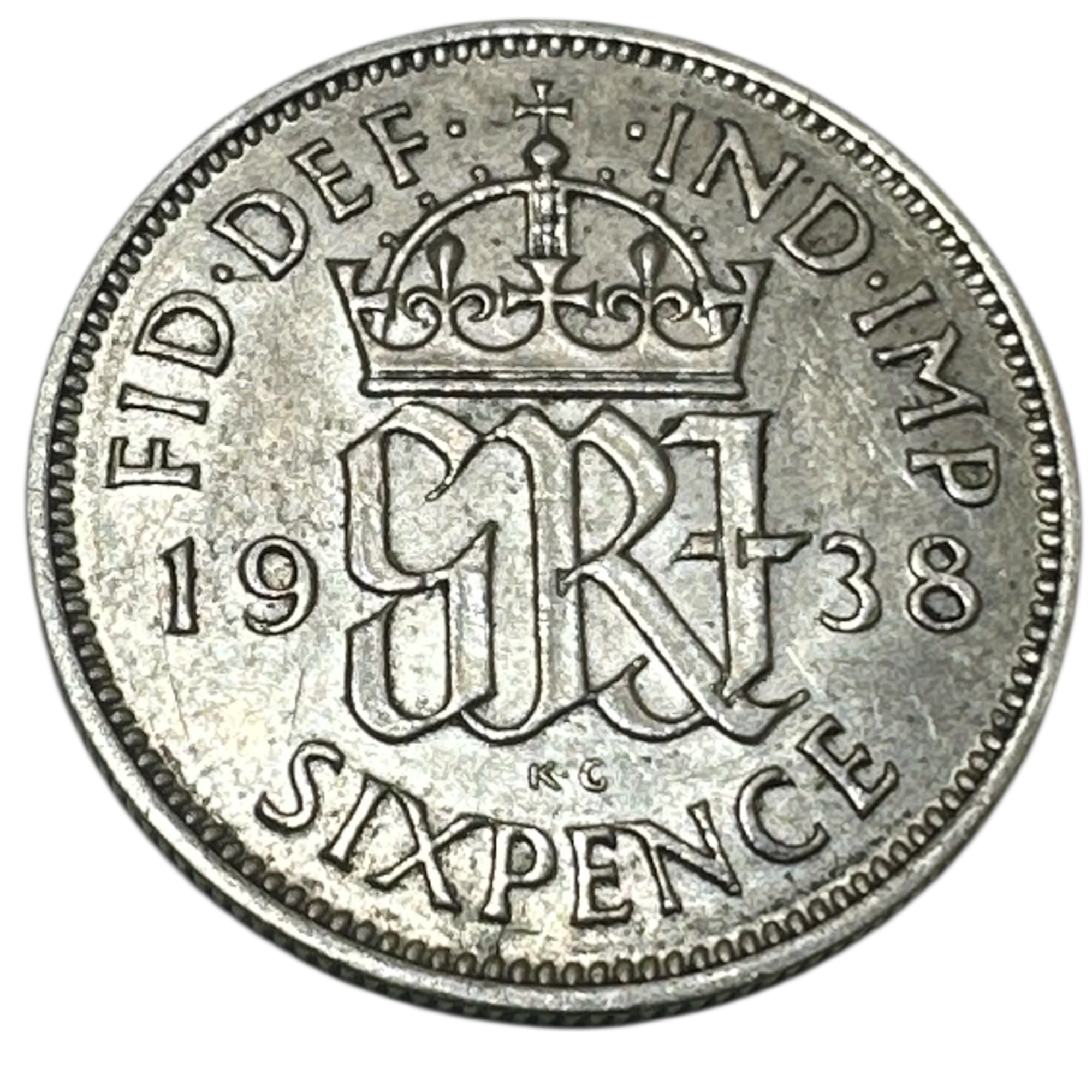 1938 King George VI Silver Sixpence Coin (6d) Crowned GRI Cypher Reverse London Mint