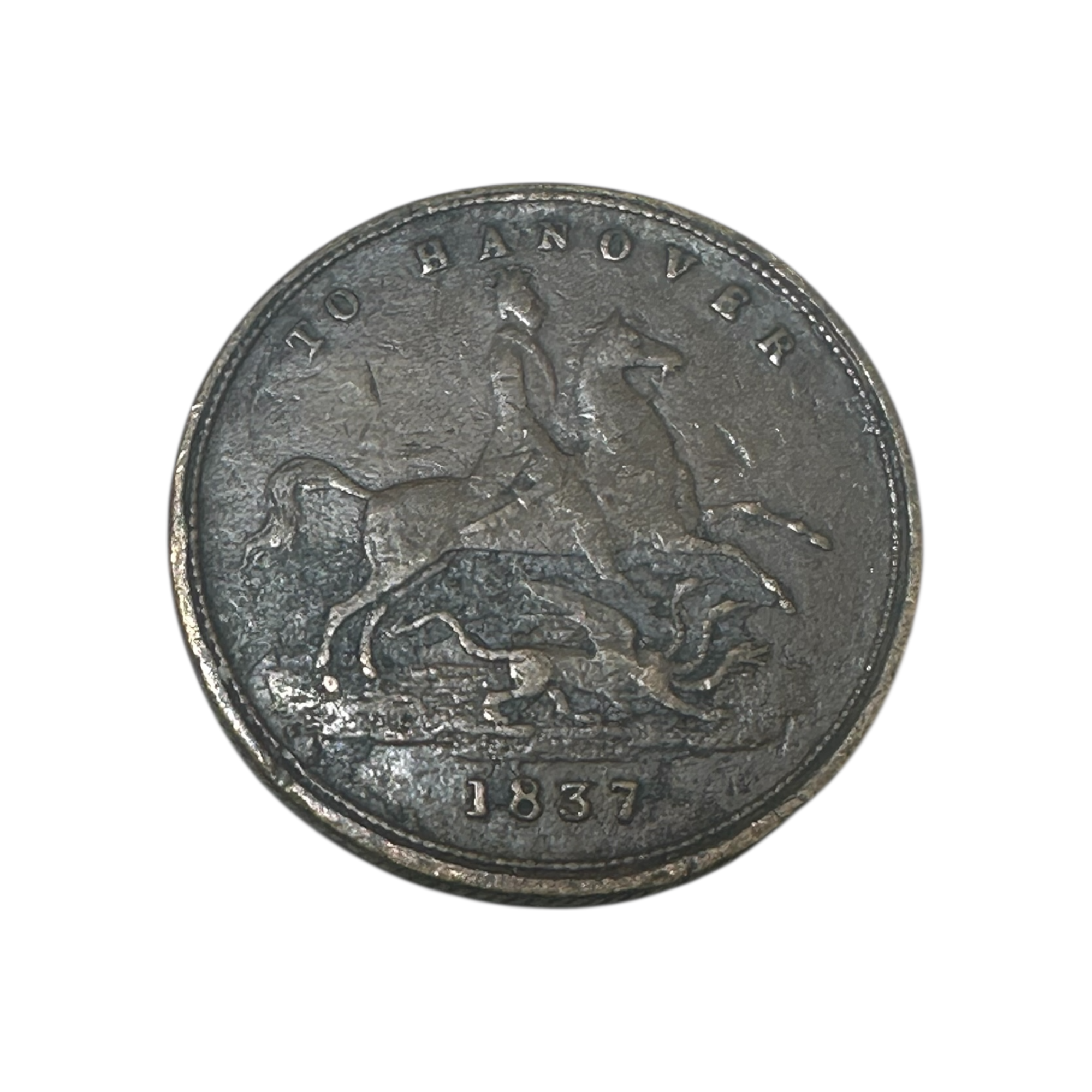 1837 Queen Victoria “To Hanover” Token Cumberland Jack Horse & Rider Political Issue